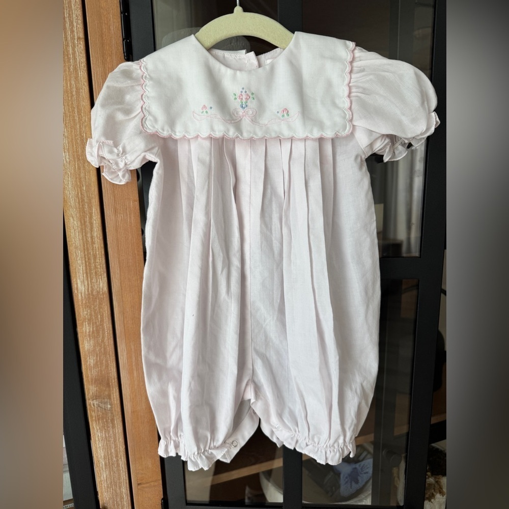 Petit Ami hand embroidered romper baby girl scalloped pintuck collar bow bubble